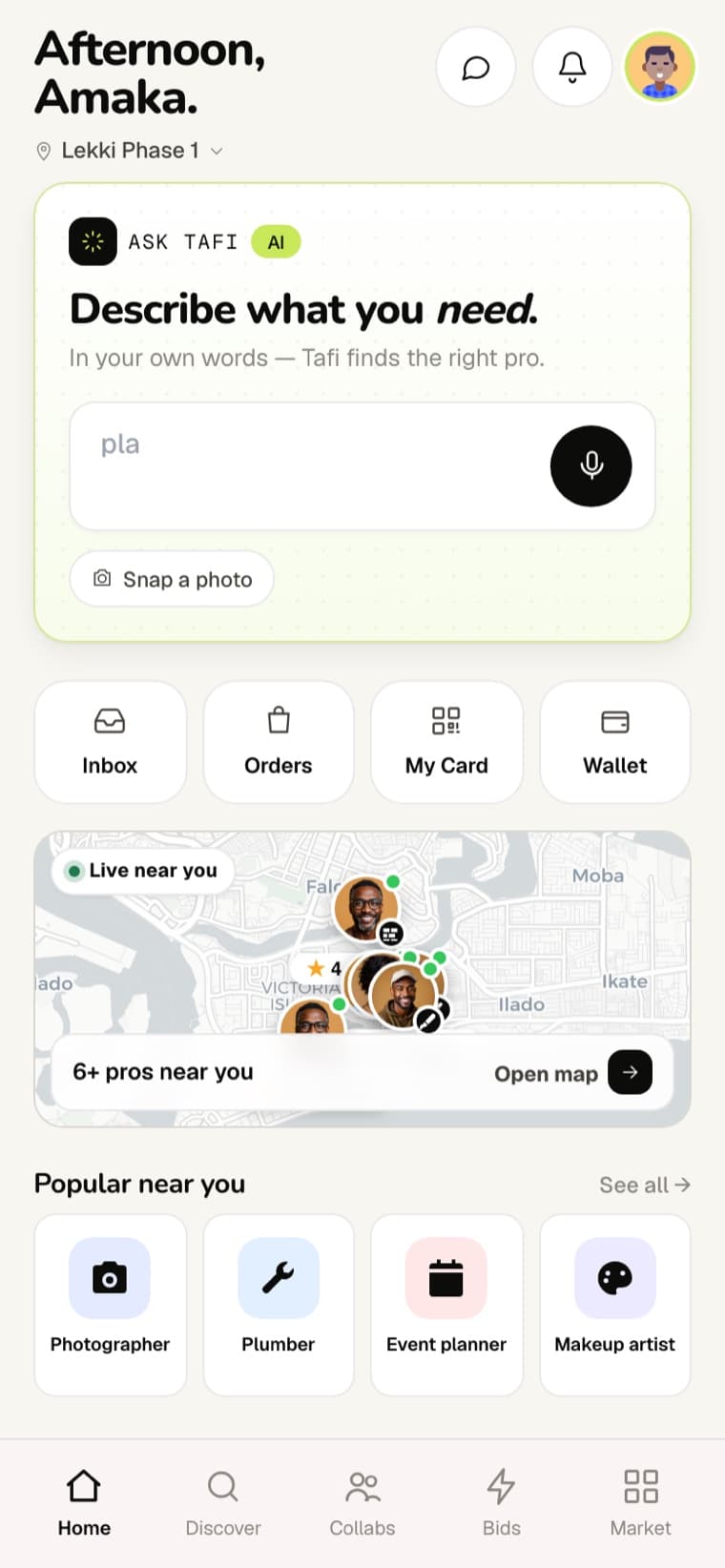 The Tafi app home — Ask Tafi, and pros near you